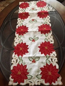 Holiday Christmas Table Runner Poinsettia Runner Applique Embroidered 36" - Picture 1 of 4