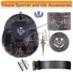 Traditional Scottish KILT SPORRAN with Kilt Accessories Brooch Pin Belt Buckle
