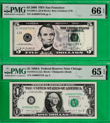 2009  $5  & 1988A  $1  Federal Reserve Notes MATCHING LOW S/N 00002723 Pair PMG - Image 1 of 2