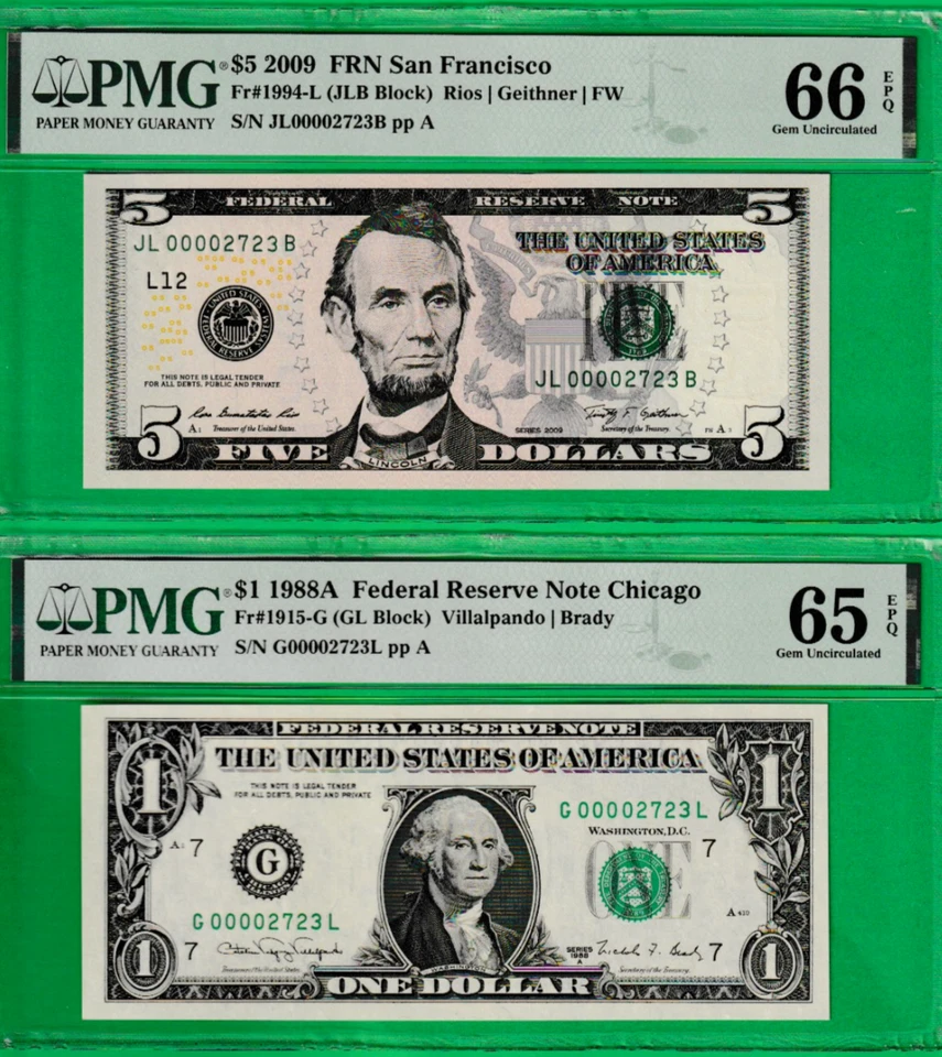 2009  $5  & 1988A  $1  Federal Reserve Notes MATCHING LOW S/N 00002723 Pair PMG - Image 1 of 2