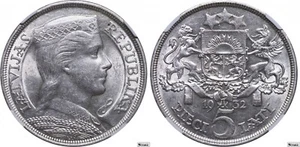 1932 Latvia Albert Kviesis 5 Lats Silver Coin NGC AU 58 - Picture 1 of 2