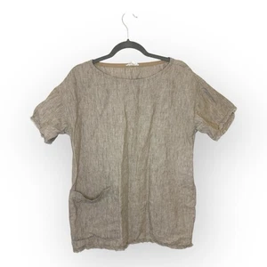 Eileen Fisher Beige Bio Leinen Top | S Minimalistische Kurzarm Bluse - Bild 1 von 4
