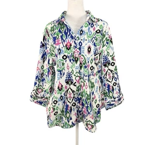 Chico's 2.5 US 14 No-Iron Chic Stretch Button Up Blouse 3/4 Sleeve Geometric - Picture 1 of 11