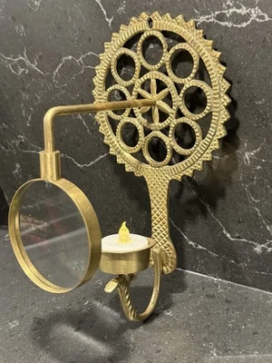 VTG Solid Brass Wall Sconce Candle Holder W/Magnifying Glass ornate Gear Design - Image 1 of 4