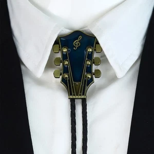Mens Bolo Tie Vintage Western Cowboy GUITAR Alloy Necklace PU Rope Party Wedding - Picture 1 of 6