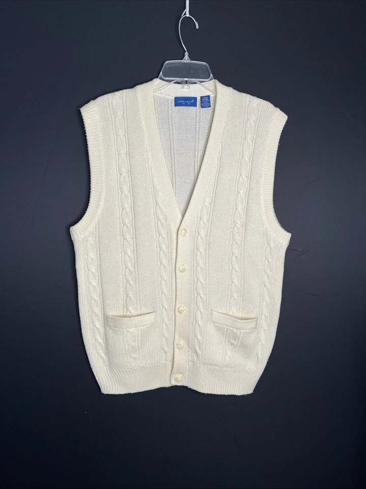 VTG Towncraft Men's L Cream Cable Knit Button Sweater Vest EC - Image 1 of 4