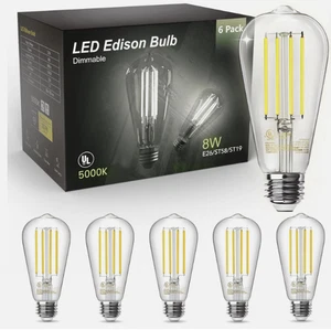 TJOY LED Edison Light Bulbs Dimmable 8W E26/ST58/ST19 6 Pack 5000K - Picture 1 of 4