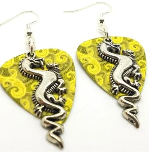 Dragon Charm Guitar Pick Earrings with Surgical Steel Earwires - Picture 1 of 12