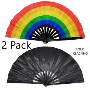 2 Pack Nylon-Cloth Folding Hand *LARGE 13" Fan for Rave Festivals EDM Show ✨ - Picture 1 of 6