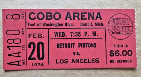 Detroit Pistons vs Los Angeles Lakers Ticket stub Feb 20, 1974 - COBO Arena ! Cover