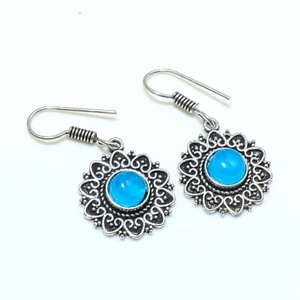 Blue Chalcedony Gemstone Hadnamde 925 Sterling Silver Jewelry Earring 1.90" - Picture 1 of 3