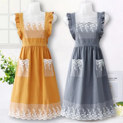 Mujeres Mezcla Algodón Delantal Encaje Retazos Bolsillos Cocina Hornear Hogar Café Uniforme Foto 1 de 4