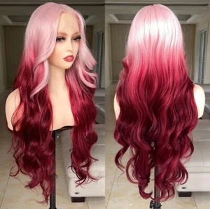 Long Ombre Pink To Red Wave T Part Lace Front 100% Human Hair Wig Pre Plucked - Picture 1 of 11