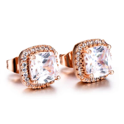 Holiday Square 6MM Natural Fire White Topaz Gems Rose Gold Plated Stud Earrings - Image 1 of 4