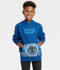 Boys Marvel Black Panther Fleece Hoodie Sweatshirt Navy Blue Pocket Front LARGE - Picture 1 of 9