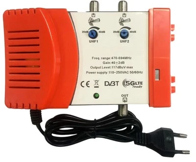 Centralina Amplificatore TV  2 ingressi UHF regolabili 40dB filtro 4G/5G 12V - Immagine 1 di 4