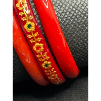Juego de 3 brazaletes de vidrio rojo adorno floral dorado joyería tradicional india Foto 1 de 4