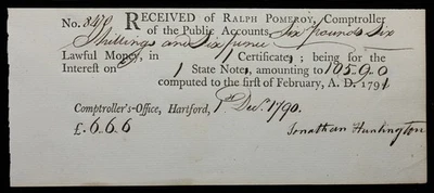 December 1, 1790 Connecticut Comptroller receipt for £6, 6s, 6d - Image 1 of 2