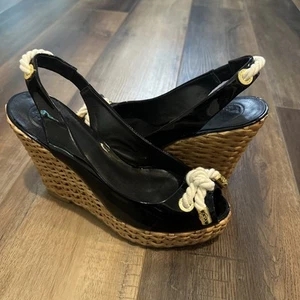 Tory Burch Shea schwarze Lackleder-Wedges – Größe 9 Ratan Plateau-Absatz maritim - Bild 1 von 13