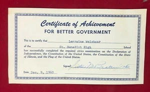1960 Certificate of Achievement For Better Government St. Benedict High Chicago - Picture 1 of 2