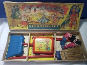 40's Norstar Disney Cinderella Cleaning Set Litho Tin Sweeper Pan Broom Mop Toy - Picture 1 of 9