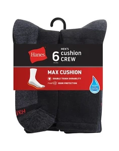 Hanes 6-Pack Mens Crew Socks Max Cushion  FreshIQ Wicking Cool ComfortBlend - Picture 1 of 7