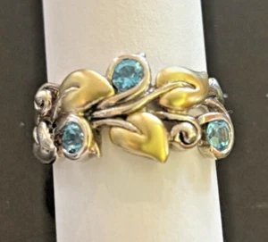 .925 Silver Ring w/(3) Blue Topaz Gemstones & (3) 18k Gold Leaves on a Vine - Picture 1 of 9