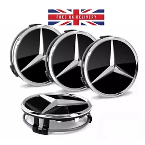 4x Mercedes Alufelgenmitte Nabenkappen 75mm A B C E S M Klasse ML CLA GLA. SCHWARZ - Bild 1 von 6