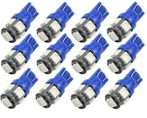 12X Car T10 Ultra Blue LED 5050 5smd Wedge Light Bulb W5W 194 168 2825 158 192 - Picture 1 of 3