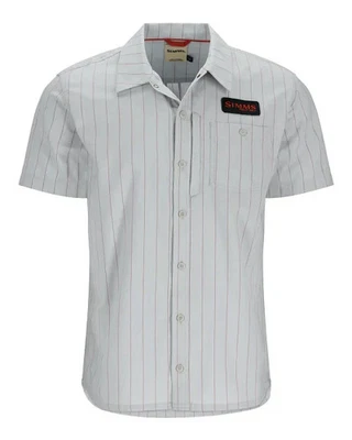 Simms Fishing Shirt Mens Medium Sterling/Clay Stripe Shop Logo Patch Button Up - Image 1 of 4