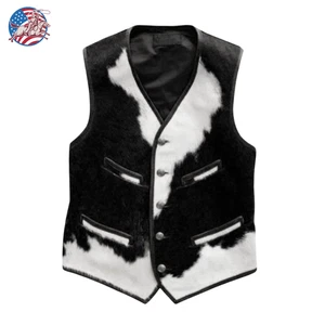 Men's Black Western Cowboy Vest Cowhide Leather Pony Hair Waistcoat Ranch Rodeo - Picture 1 of 4