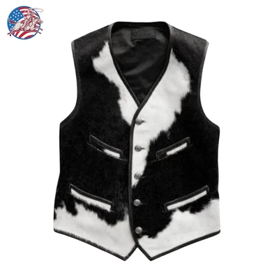 Men's Black Western Cowboy Vest Cowhide Leather Pony Hair Waistcoat Ranch Rodeo - Image 1 of 4