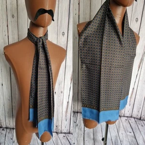 Vintage Fringed Mod Scarf in Blue/Brown Geometric Pattern Polyester Retro BA77L - Picture 1 of 5