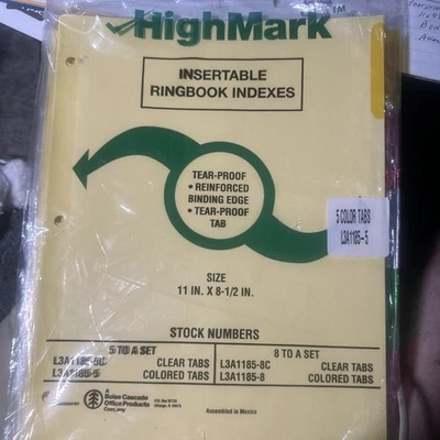 HIGHMARK Insertable Ring Book Indexes Set of 5 COLORED Index Dividers L3A1185–5 - Image 1 of 2