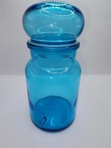 Vintage Blue Apothecary Glass Jar Bubble Lid Canister 6 1/2" Made In Belgium - Picture 1 of 8