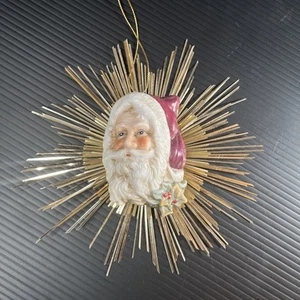 3-D SANTA FACE On Gold Tinsel Starburst 6" Christmas Ornament Midwest - Picture 1 of 12