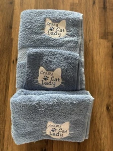 Crazy cat lady 3 piece towel bail set bath hand face blue embroidered gift - Picture 1 of 2