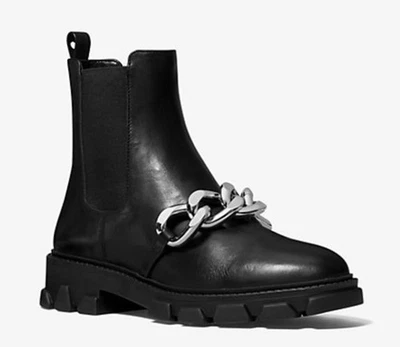 Michael Kors SCARLETT Lug Sole Chelsea Boots Silver Chainlink Black 8.5 Worn 1x - Image 1 of 4