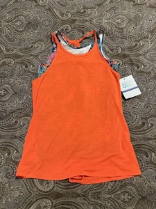 Athleta Girl Tank Top XL/14 Neon Orange Green Pink Navy Floral Double Layer NWT - Picture 1 of 5