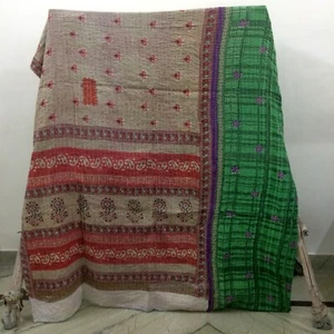Reversible Vintage Kantha Quilt Multicolor Twin Blanket Bohemian Bed Runner - Picture 1 of 4