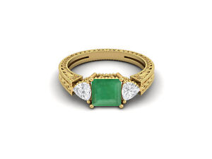Princess Cut Emerald Gemstone 10k Yellow Gold Three Stone Women Wedding Ring