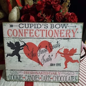 SHABBY VICTORIAN PRIMITIVE VINTAGE STYLE VALENTINE CUPIDS BOW CANDY HEARTS  SIGN - Picture 1 of 10