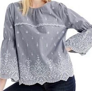 J. Crew Tunic Top Blue/White Pinstripe Embroidered Bell Sleeves Scalloped Sz S - Picture 1 of 8