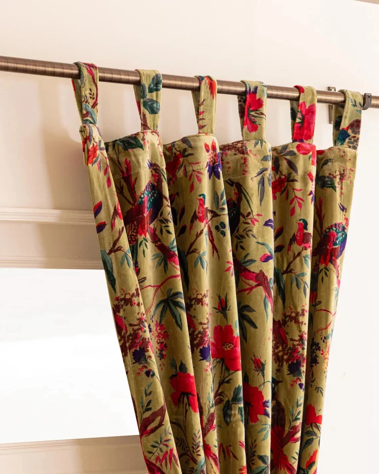 Cortina de terciopelo con estampado de pájaros color verde, cortina Boho, cortinas de ventana de lujo Foto 1 de 4