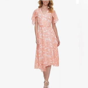 DKNY Printed Short Sleeve Front Wrap Dress Flamingo Multi Size 14 - Picture 1 of 7