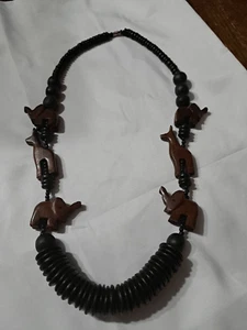 Chunky African Safari Wood Beaded Elephant Giraffe Boho Jewelry Necklace - Picture 1 of 5