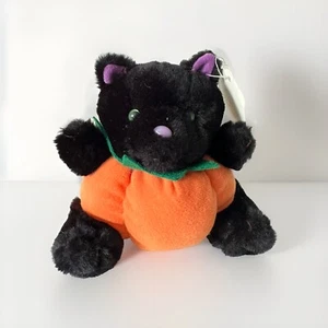 Vintage Russ Lucky Black Cat Halloween Pumpkin Plush 5” Green Eyes Purple Nose - Picture 1 of 5