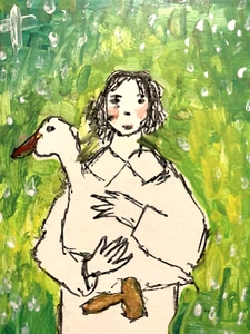 Original Artwork Girl With Goose Farm Animal ACEO Handmade Signed By Artist - Picture 1 of 3