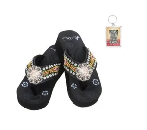 Montana West Rhinestone Concho Flip Flops Sandals Black Yellow Red 1.75" Wedge - Picture 1 of 1