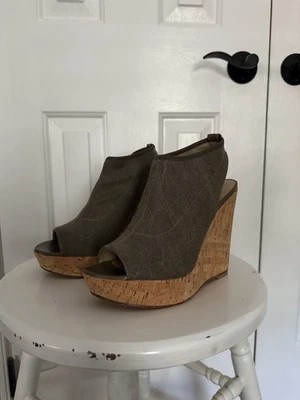 Stuart Weitzman Peep Toe Canvas Cork Wedge Heels – Taupe Grey– Size 7.5 - Image 1 of 4